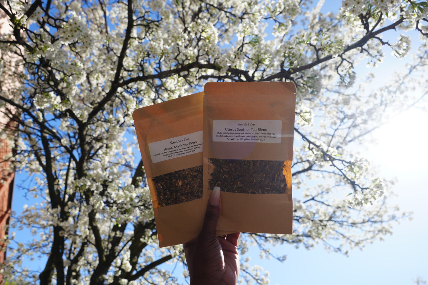 A hand holding two kraft bags of Sweet Lee’s Teas blends—Herbal Mask Tea Blend and Uterus Soother Tea Blend—against a backdrop of white blossoms, emphasizing freshness and botanical ingredients.