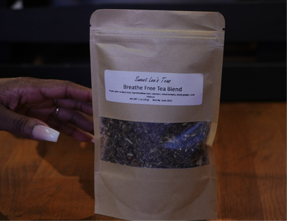 Breathe Free Tea Blend in an eco-friendly kraft pouch, featuring a soothing blend of mullein, marshmallow root, and hibiscus.