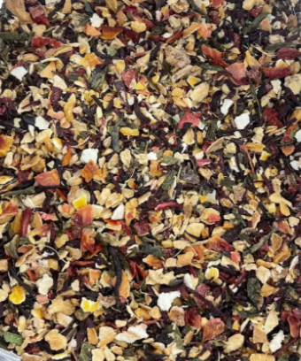 "Island Time Tea Blend loose-leaf mix featuring dried pineapple, mango, strawberries, and green tea. A tropical fruit-infused tea for a refreshing and exotic taste.